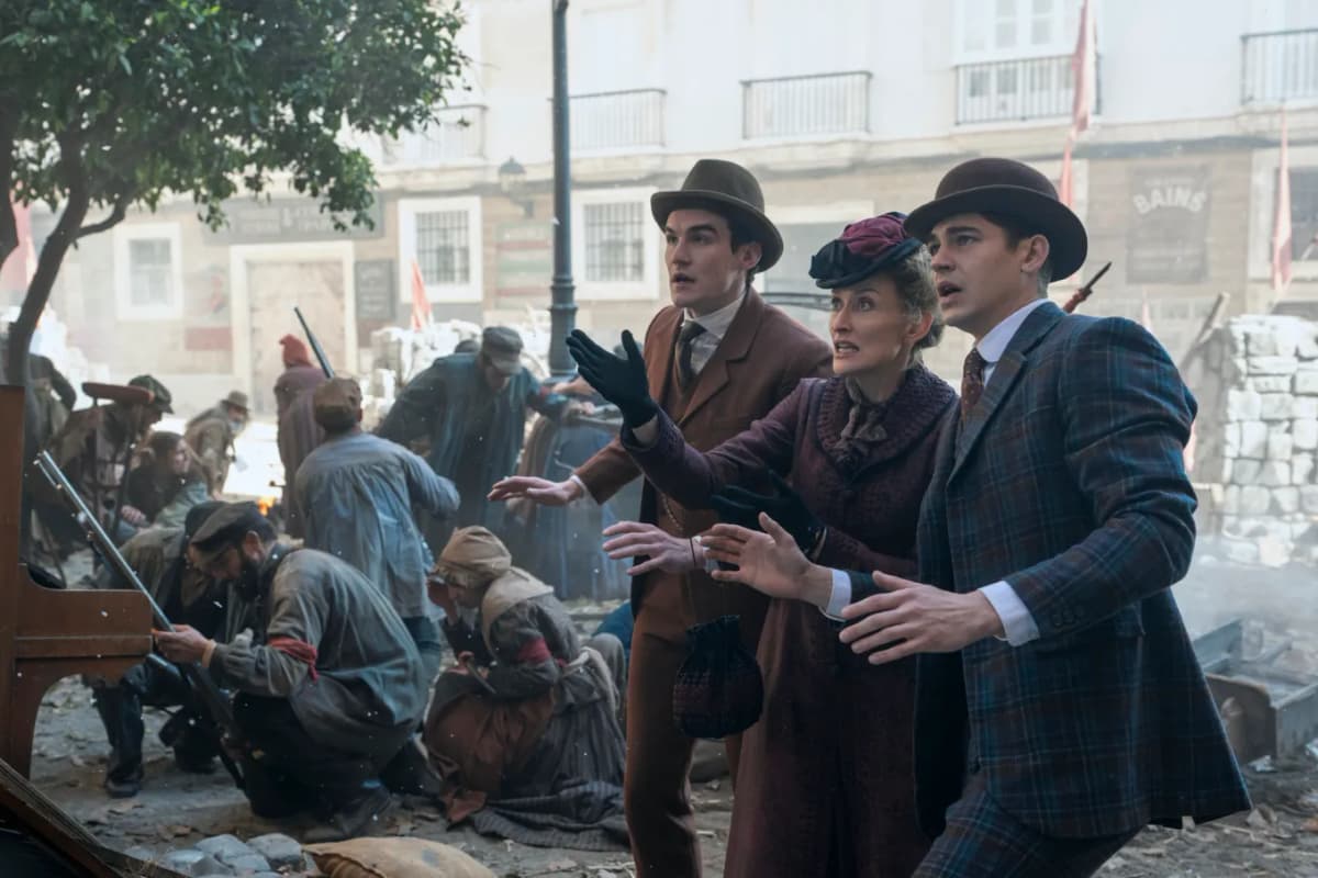Dónal Finn, Natascha McElhone and Hero Fiennes Tiffin in 'Young Sherlock.'