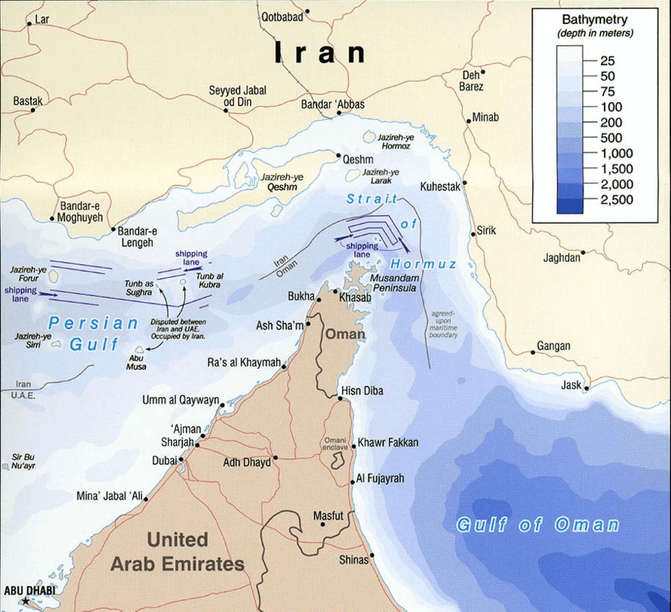 A map of the Strait of Hormuz, a vital waterway for oil shipments.