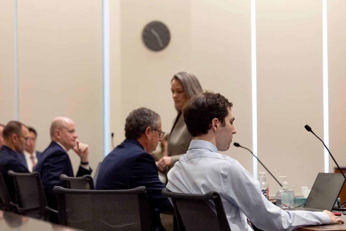 Prosecuting and defense attorneys and defendant Tyler Robinson, right, accused in the fatal shooting of Charlie Kirk, attend a hearing at Provo, Utah, on March. 13, 2026.