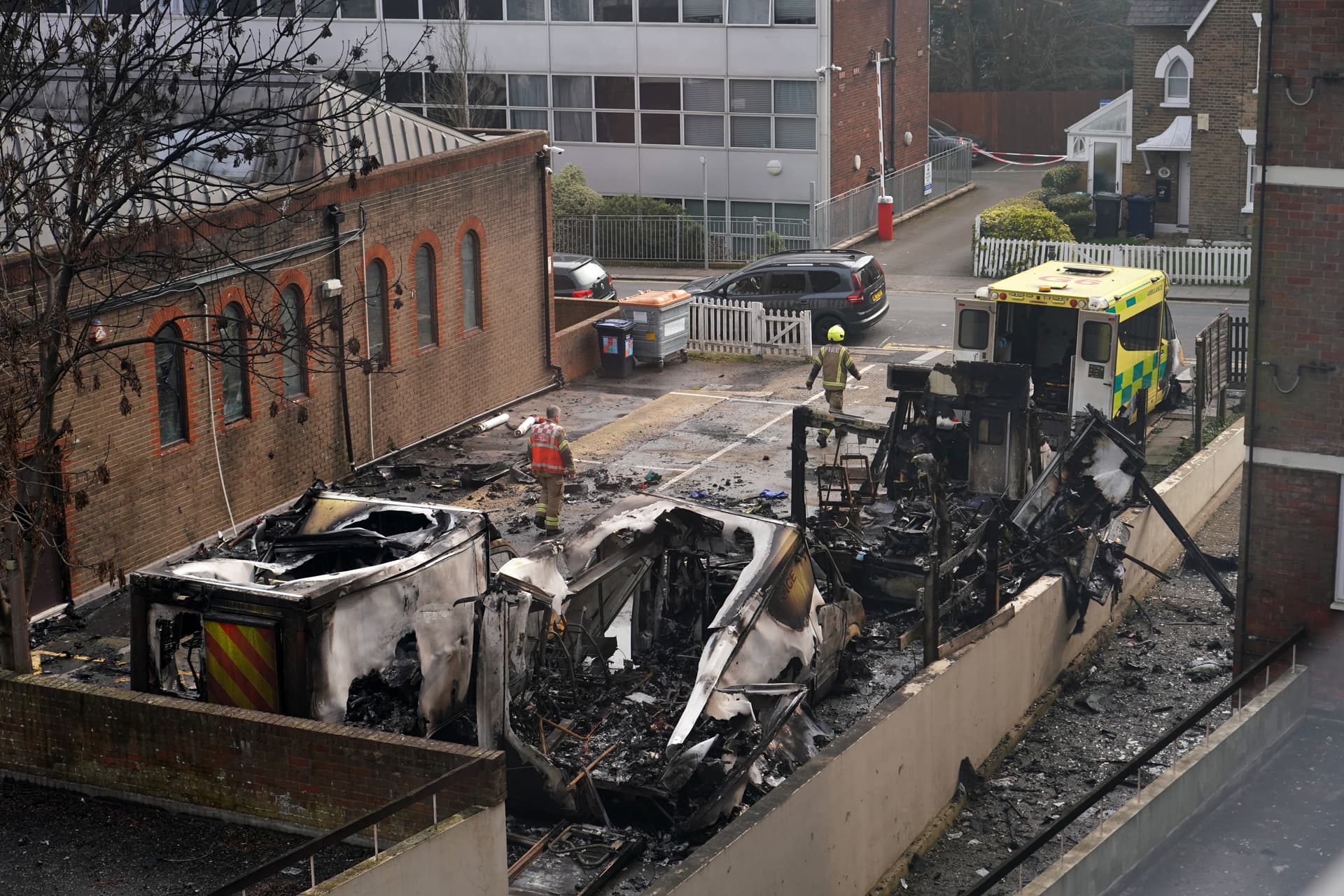 Burnt Hatzola ambulances in a car park at Golders Green in London, Monday, March 23, 2026 after an apparent arson attack.