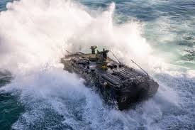 A U.S. Marine Corps AAV7A1 Assault Amphibious Vehicle launches into the Gulf of Thailand during a training exercise on February 15, 2018.