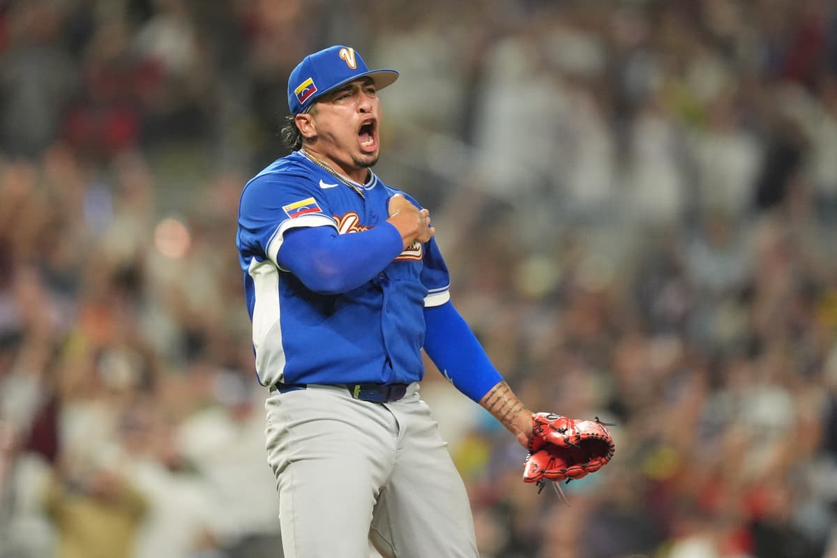 Venezuela pitcher Daniel Palencia reacts after the team defeats Italy during a World Baseball Classic semifinal game, Monday, March 16, 2026, at Miami.