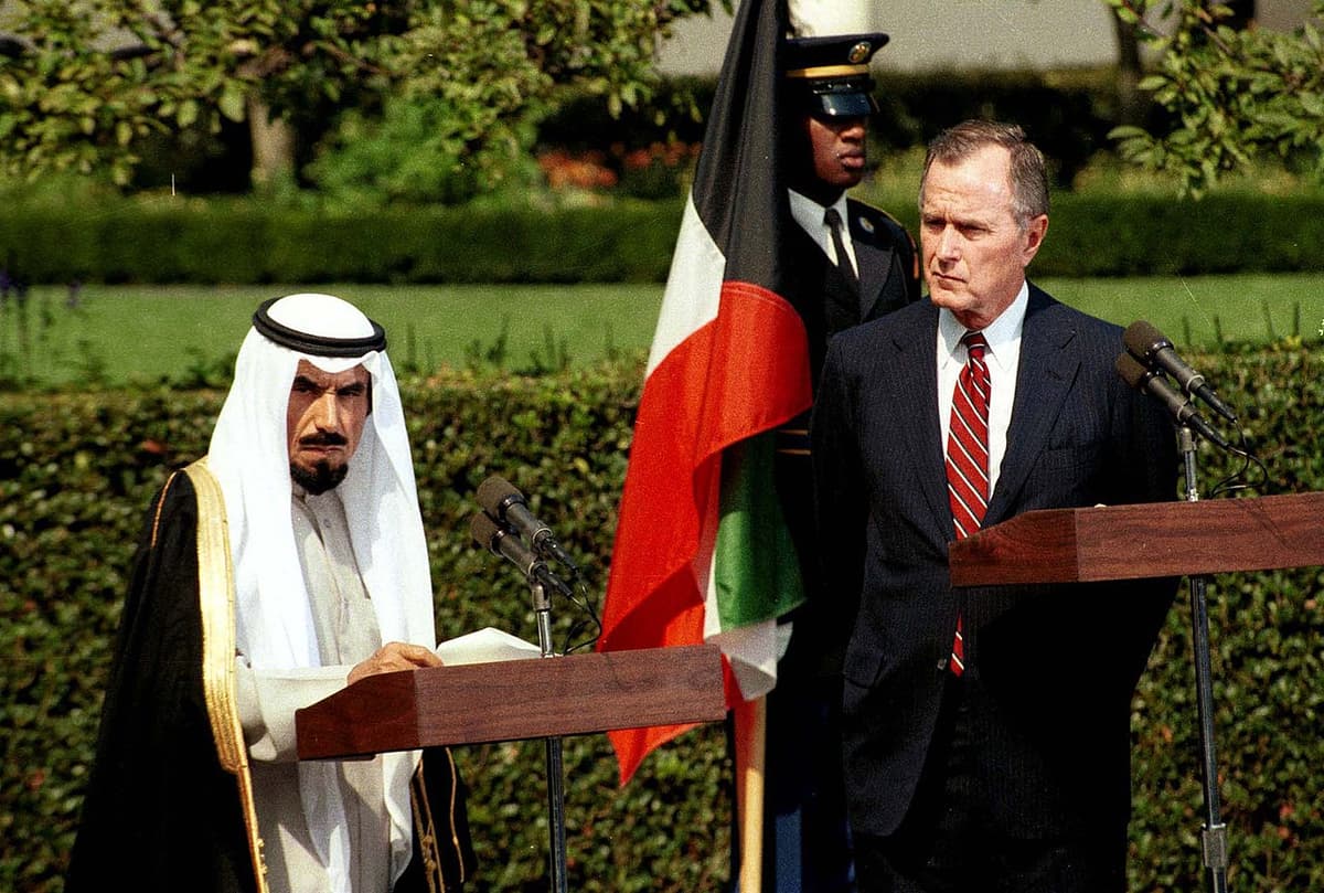 President George H.W. Bush, right, and the emir of Kuwait on the South Lawn of the White House, September 28, 1990.