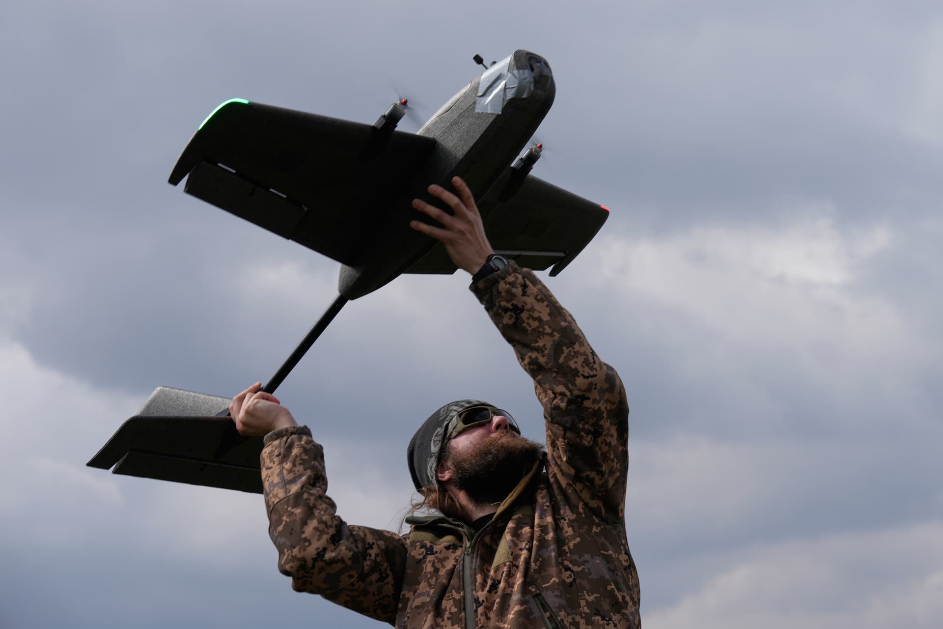 A student soldier of the Yatagan School for Unmanned Aerial Systems launches a training target drone during drills near Kyiv, Ukraine, March 19, 2026.