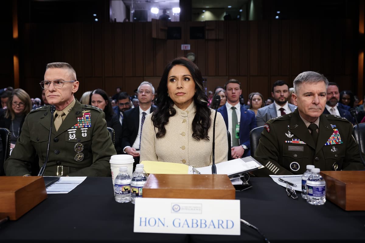 Director of the Defense Intelligence Agency (DIA) Lieutenant General James Adams III, Director of National Intelligence Tulsi Gabbard and Army Lieutenant General William Hartman prepare to testify during a Senate Intelligence Committee hearing on worldwide threats in the Hart Senate Office Building on March 18, 2026.