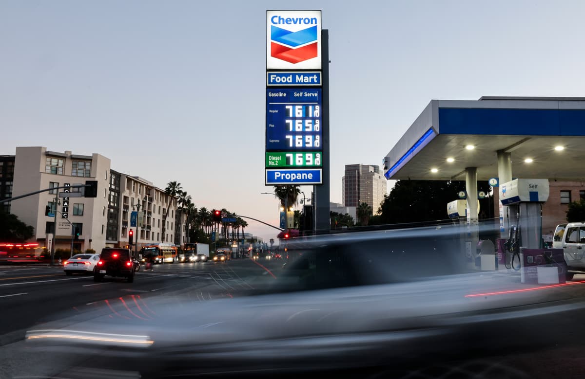 High gas prices are displayed at a downtown Chevron station at Los Angeles on March 3, 2026.
