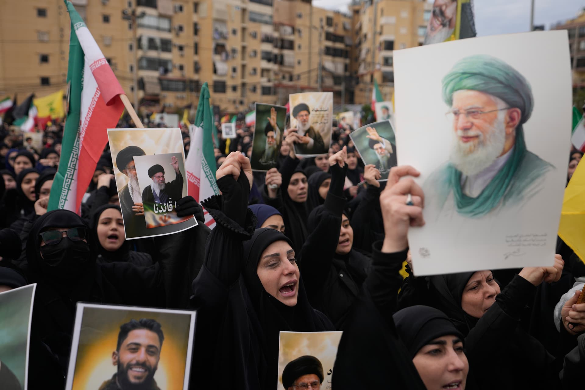 Hezbollah supporters shout slogans as they gather to mourn the death of Iranian Supreme Leader Ayatollah Ali Khamenei in the southern Suburb of Beirut, Lebanon, March 1, 2026. 