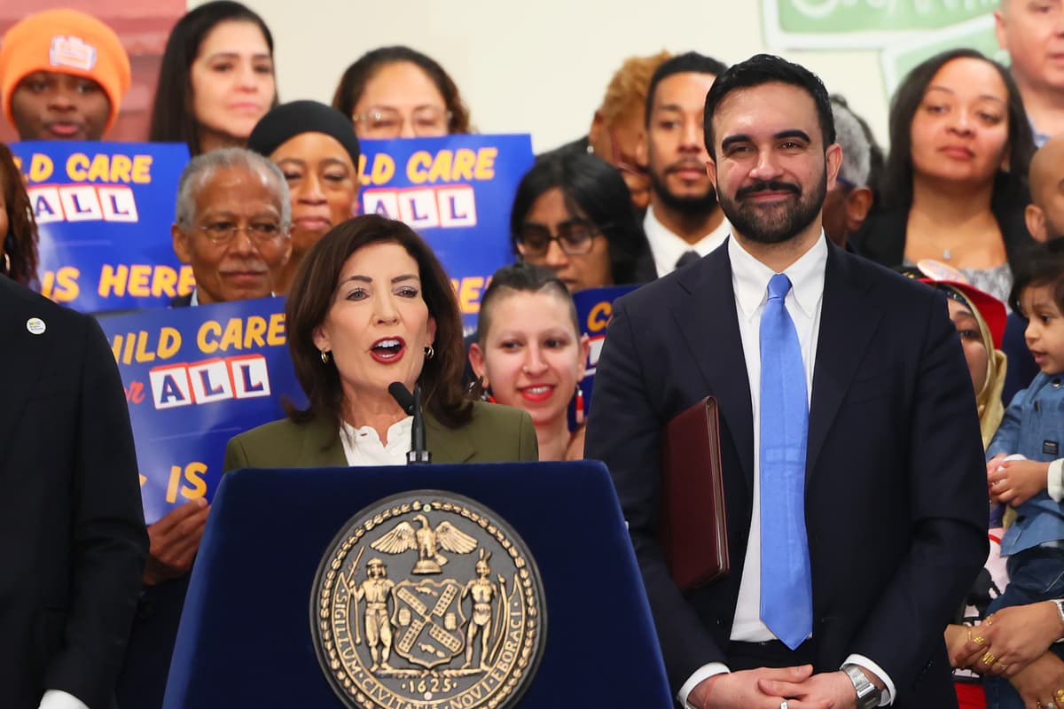 Mayor Zohran Mamdani, left, listens as Governor Kathy Hochul speaks on March 3, 2026 at New York City. 