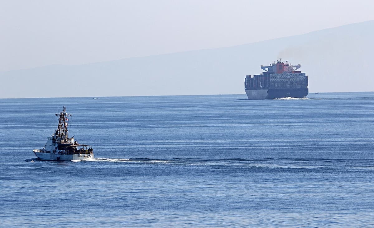 A United States Coast Guard cutter, Aquidneck, transits the Strait of Hormuz in 2020. 