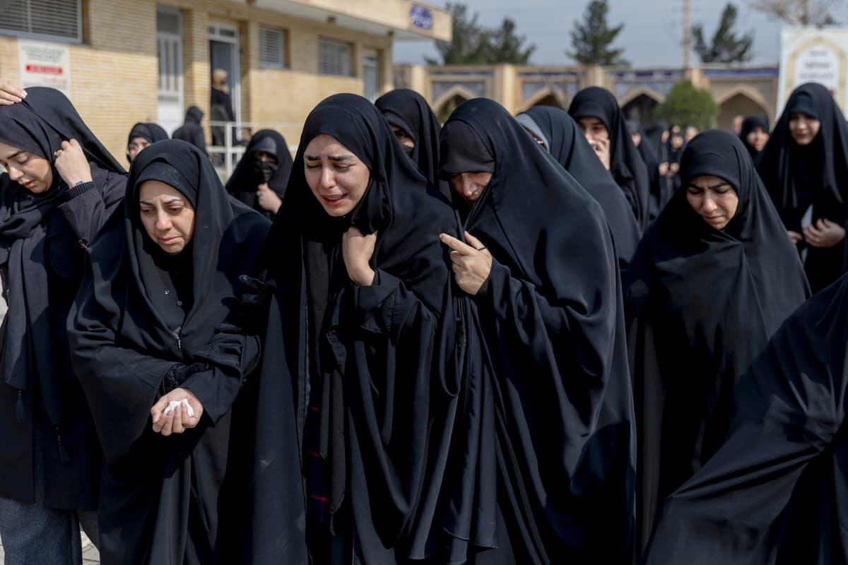 Mourners attend a funeral for a person killed in recent US-Israeli airstrikes at Behesht-e Zahra cemetery on the southern outskirts of Tehran on March 9, 2026 in Tehran, Iran. 