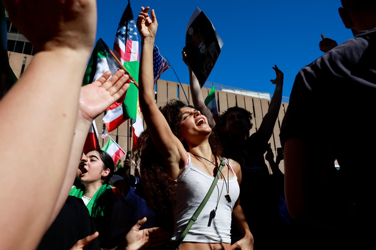 Members of the Iranian community and supporters celebrate on February 28, 2026 in Los Angeles, California.