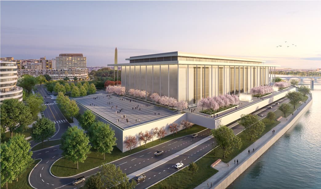 An architect’s rendering released on March 13, 2026, shows the Kennedy Center after a planned renovation proposed by President Trump. Via Truth Social