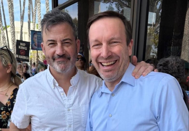 The anti-Trump ABC television personality Jimmy Kimmel poses with Democratic Senator Chris Murphy at a 'No Kings' rally in Torrance, California.