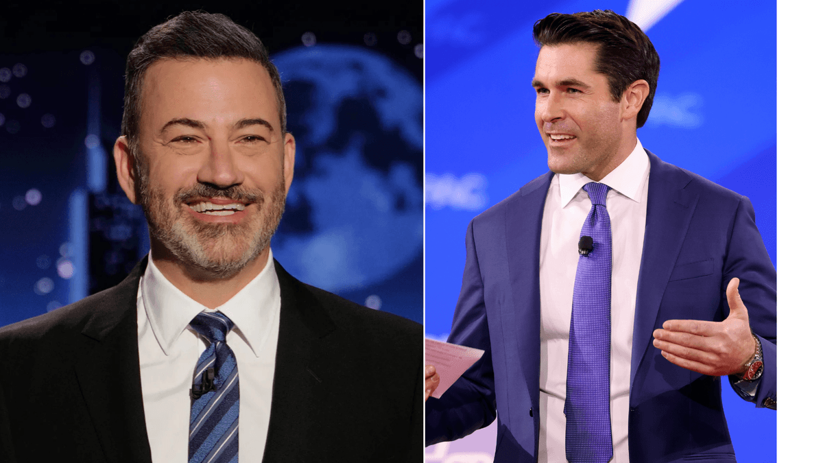 Jimmy Kimmel (L) has insulted Rob Schmitt of Newsmax (R).
