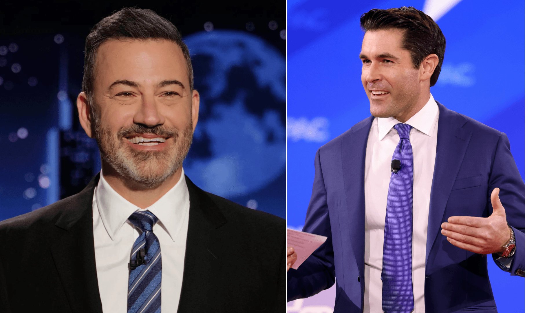 Jimmy Kimmel (L) has insulted Rob Schmitt of Newsmax (R).