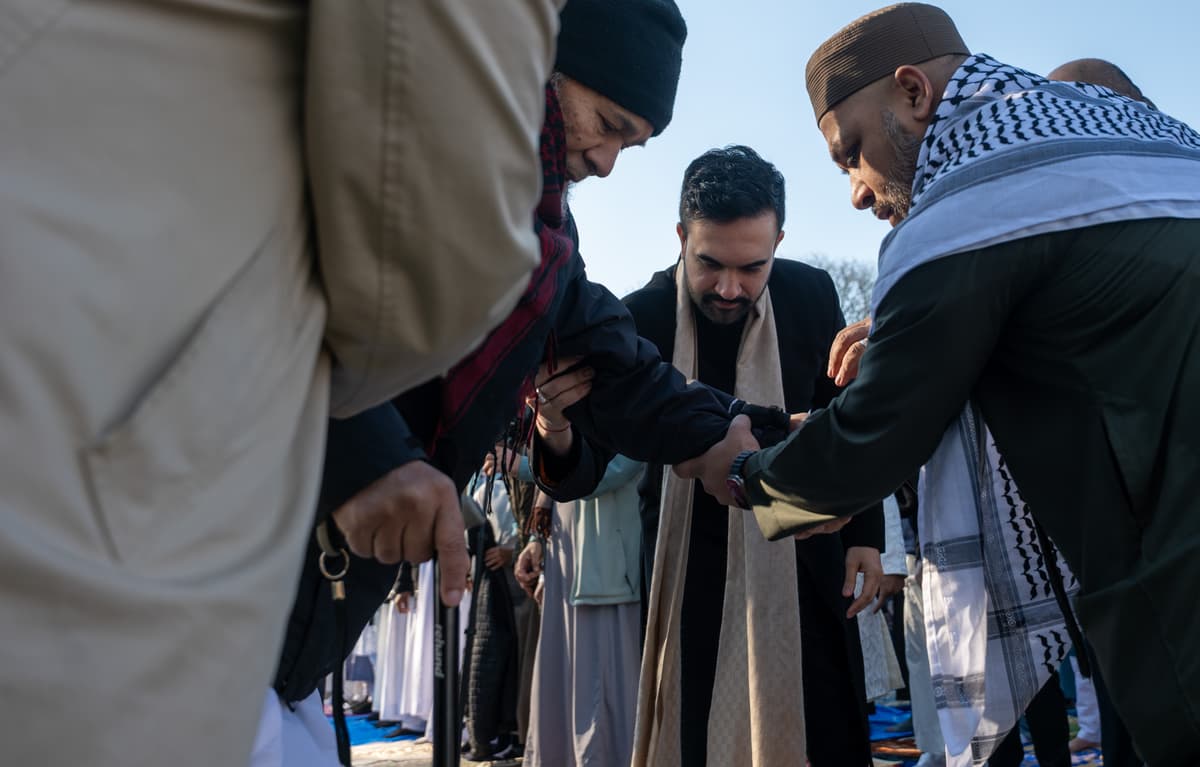 New York City Mayor Zohran Mamdani attends Eid al-Fitr prayers at Brooklyn's Prospect Park on March 20, 2026, in New York City.