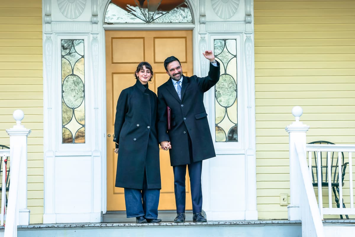 Mayor Zohran Mamdani and his wife, Rama Duwaji, pose for photos after a press conference during moving day at Gracie Mansion on January 12, 2026, at New York City. 
