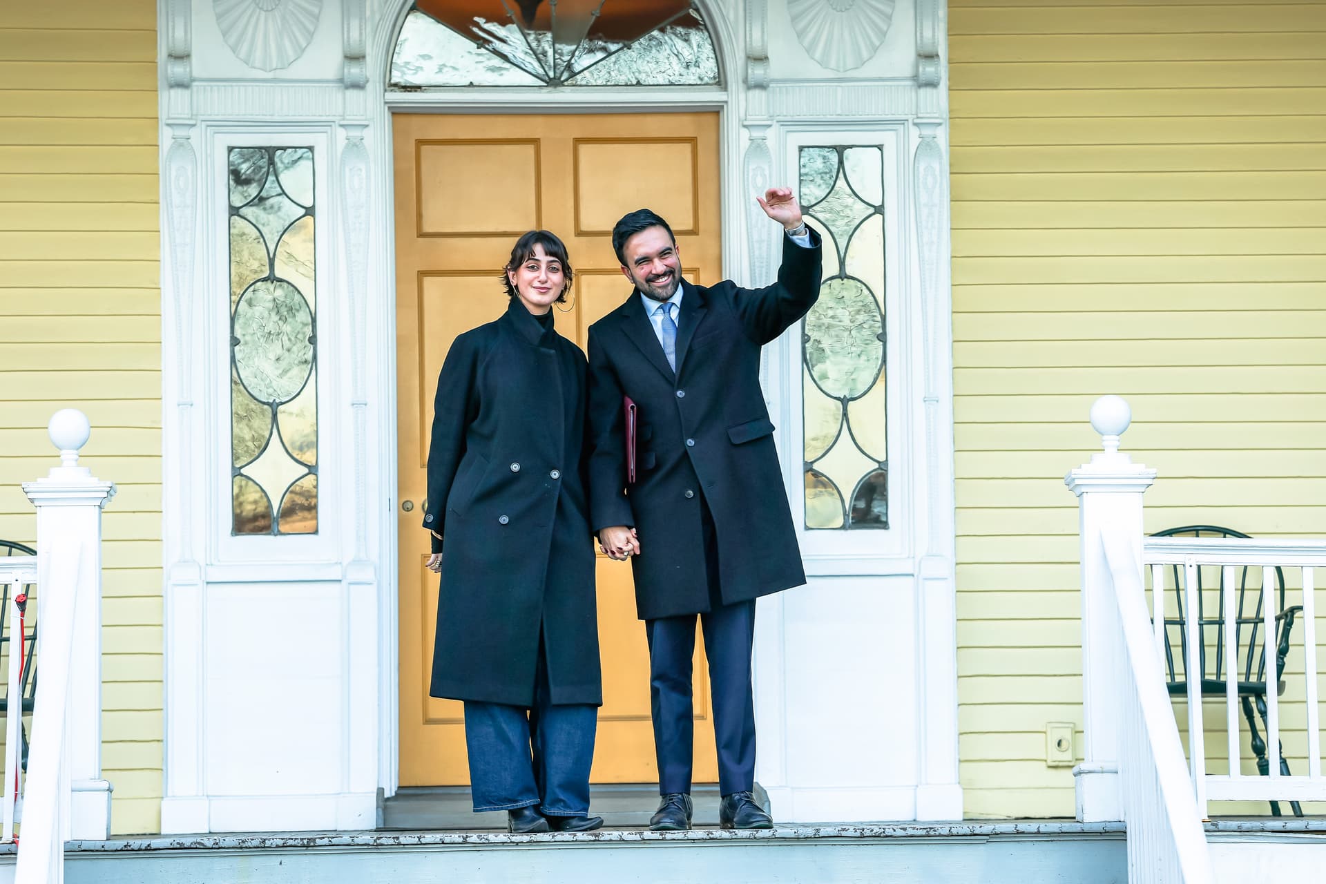 Mayor Zohran Mamdani and his wife, Rama Duwaji, pose for photos after a press conference during moving day at Gracie Mansion on January 12, 2026, at New York City. 