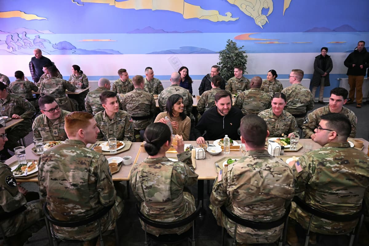 Vice President Vance and Second Lady Usha Vance eat a meal with soldiers at the US military's Pituffik Space Base on March 28, 2025 in Pituffik, Greenland.