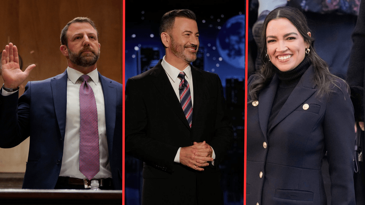 Jimmy Kimmel (C) has double down on his joke about Markwayne Mullin (L), invoking how conservatives have joked about Alexandria Ocasio-Cortez (R).