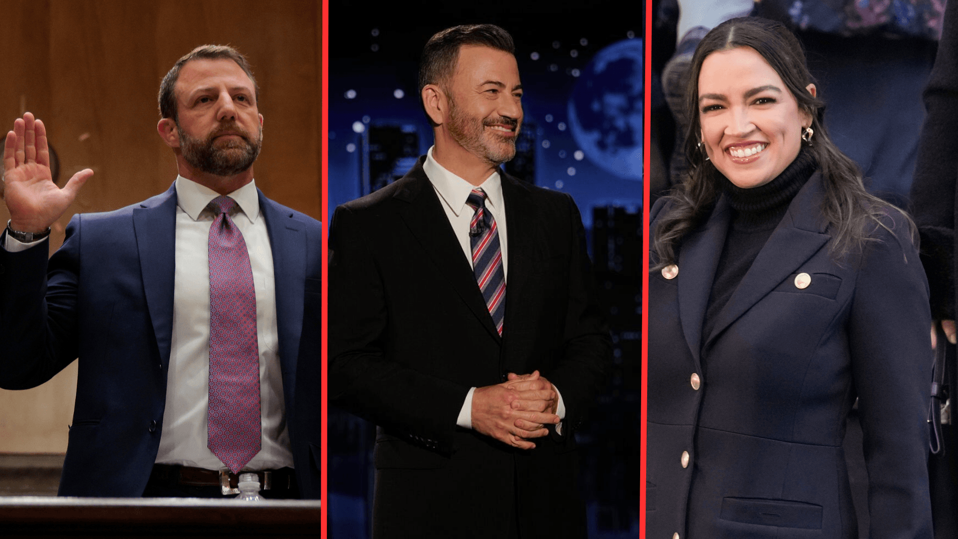 Jimmy Kimmel (C) has double down on his joke about Markwayne Mullin (L), invoking how conservatives have joked about Alexandria Ocasio-Cortez (R).