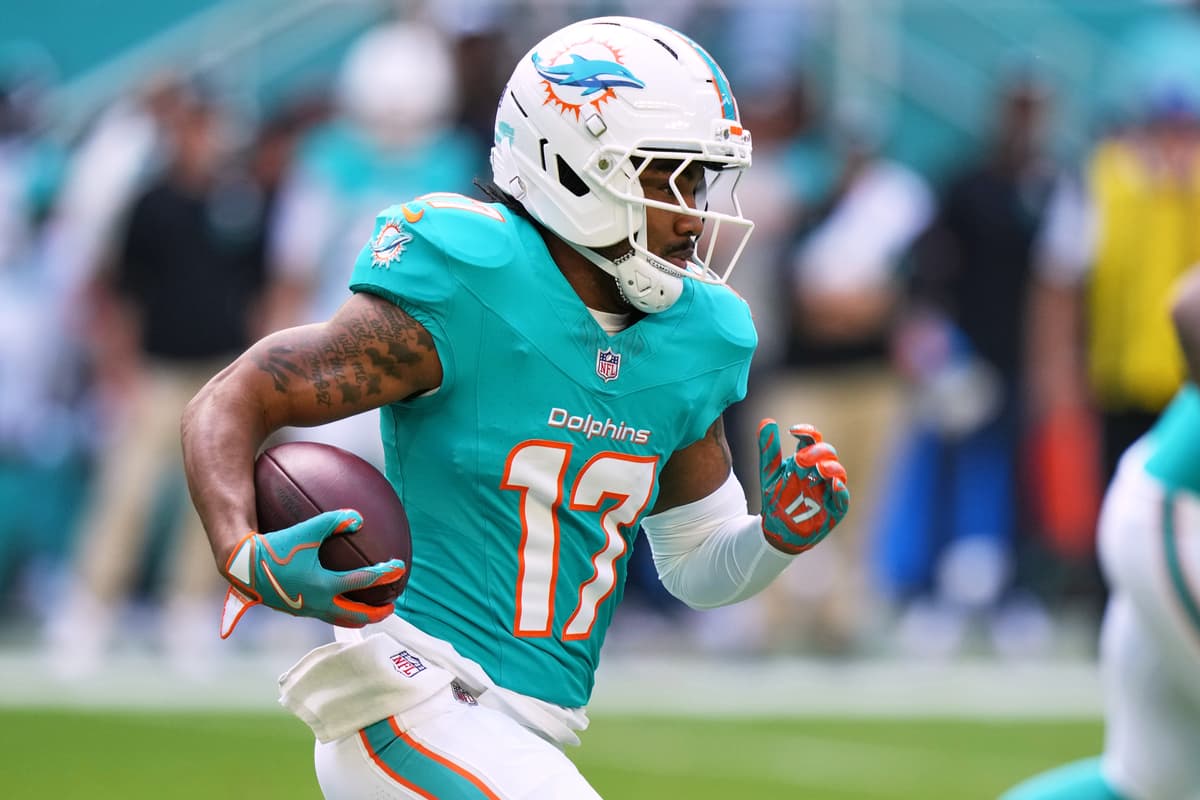 A Miami Dolphins wide receiver, Jaylen Waddle, during the first half of an NFL football game against the Tampa Bay Buccaneers, December 28, 2025, at Miami Gardens, Florida.