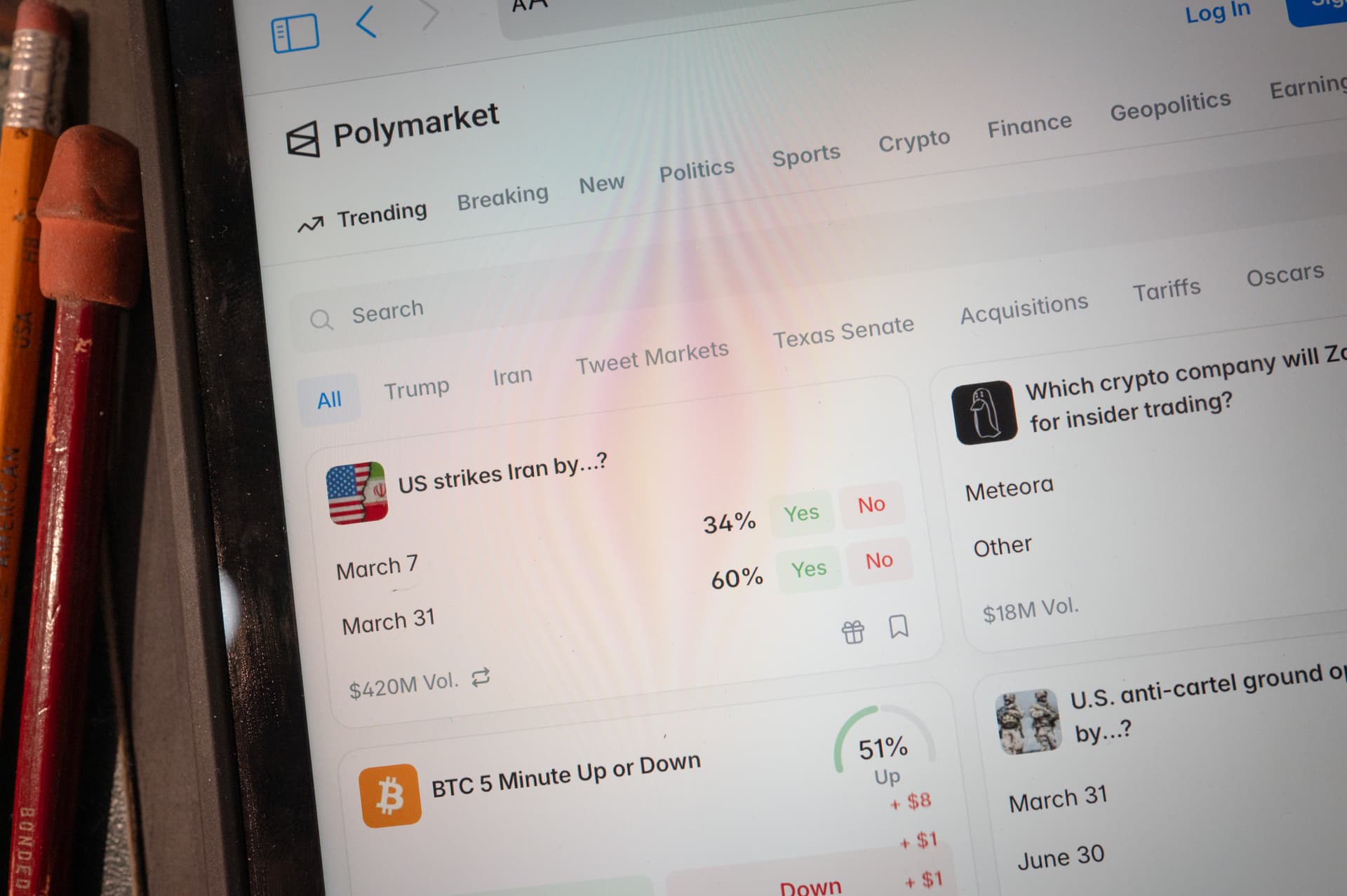 An app for Polymarket, an online prediction market site, is shown on February 25, 2026.