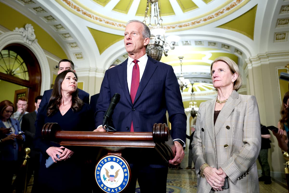 Senate Majority Leader John Thune speaks during a news conference following a weekly Republican policy luncheon at the U.S. Capitol on March 10, 2026 in Washington, DC.