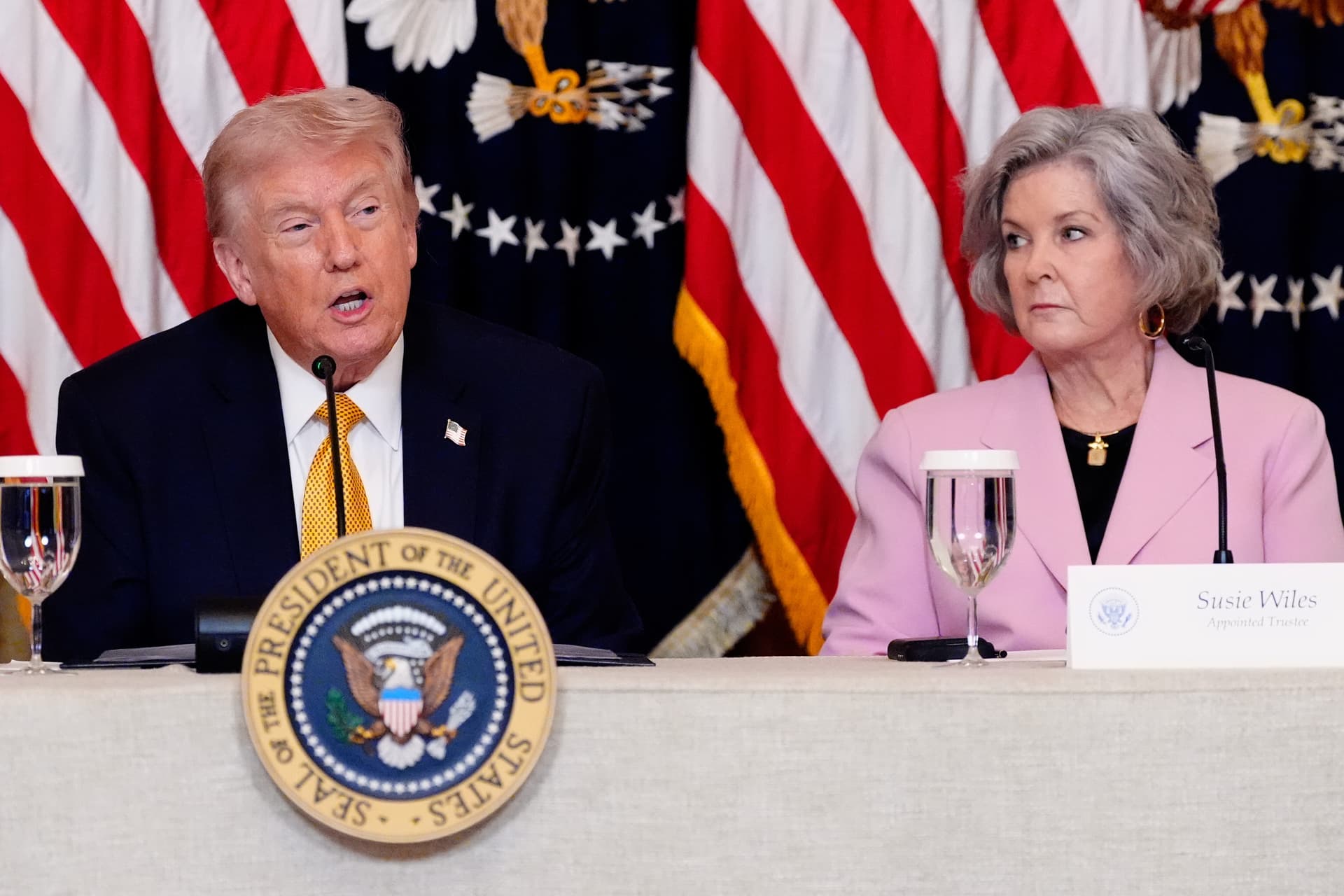 President Trump and his chief of staff, Susie Wiles, during a board meeting of the John F. Kennedy Memorial Center For The Performing Arts Monday.