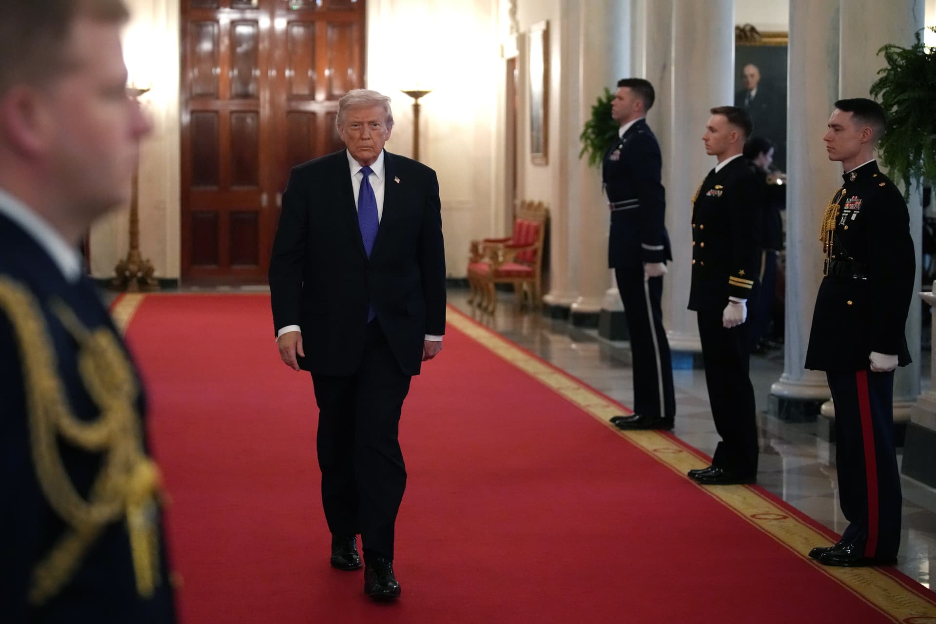 President Trump arrives for a Medal of Honor Ceremony in the East Room of the White House on March 02, 2026.