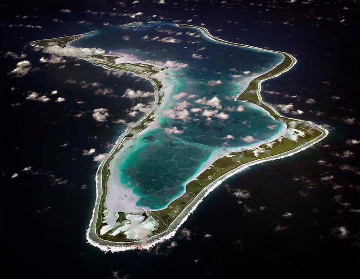 Diego Garcia, home to a joint U.K.–U.S. military outpost in the Indian Ocean, is seen from the air.