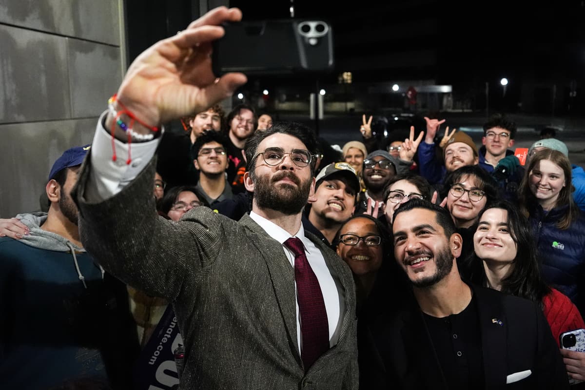 Streamer Hasan Piker, left, and Abdul El-Sayed, a progressive candidate in the Democratic primary for  Senate in Michigan take a selfie on April 7, 2026, at the University of Michigan at Ann Arbor. 