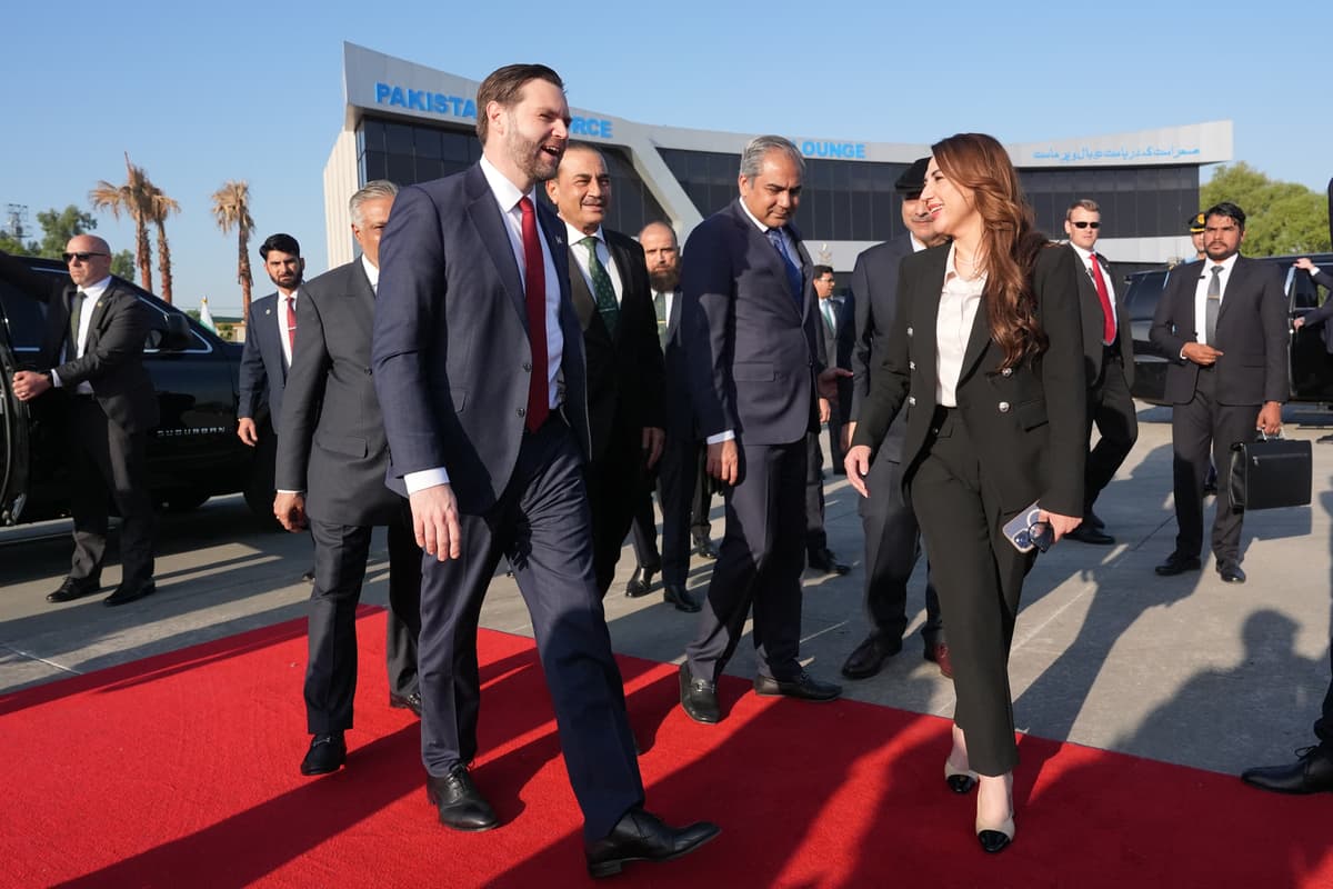Vice President Vance walks with Pakistan’s deputy prime minister and foreign minister and other officials after attending talks on Iran at Islamabad, Pakistan, on  April 12, 2026.