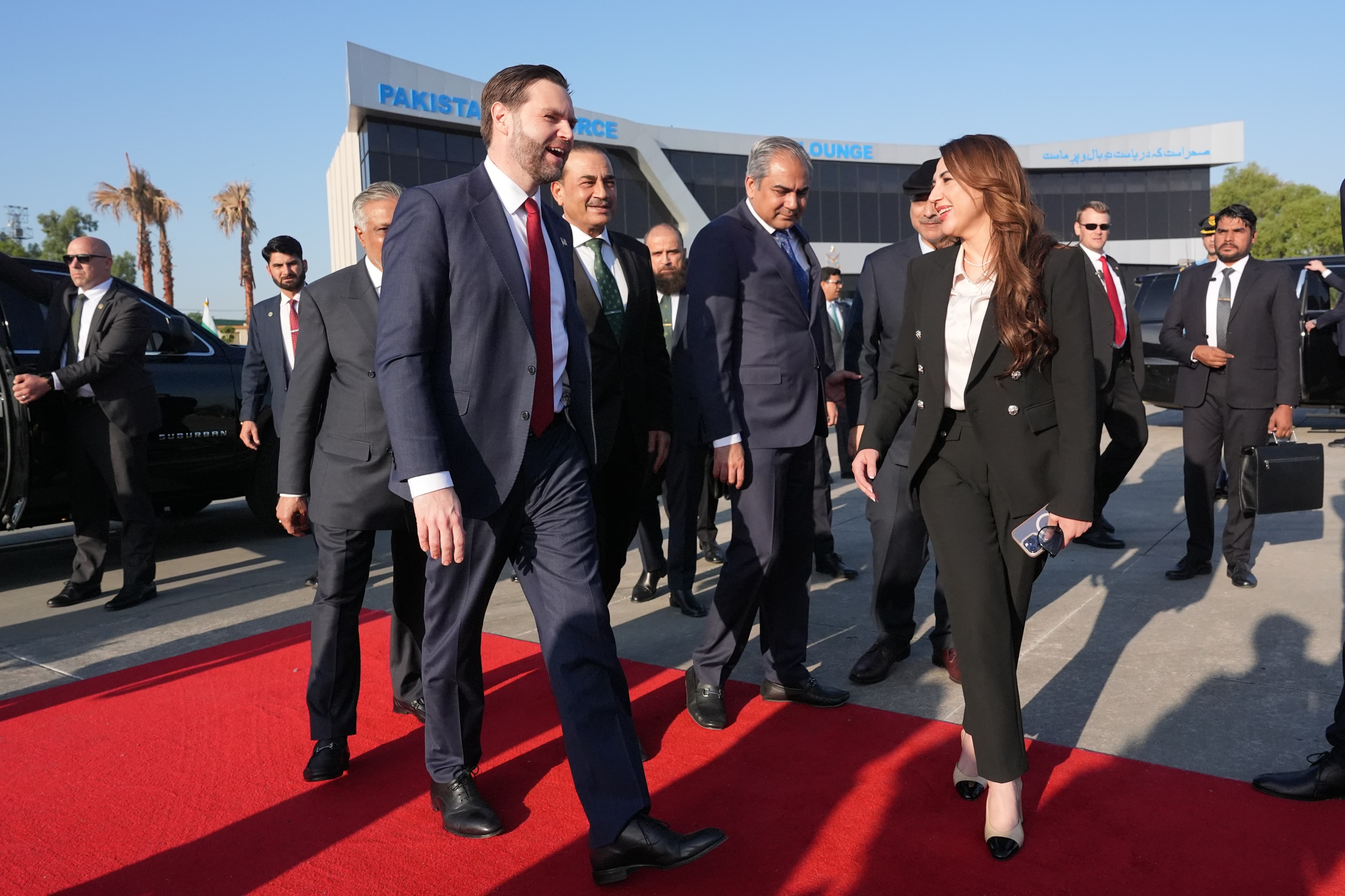 Vice President Vance walks with Pakistan’s deputy prime minister and foreign minister and other officials after attending talks on Iran at Islamabad, Pakistan, on  April 12, 2026.