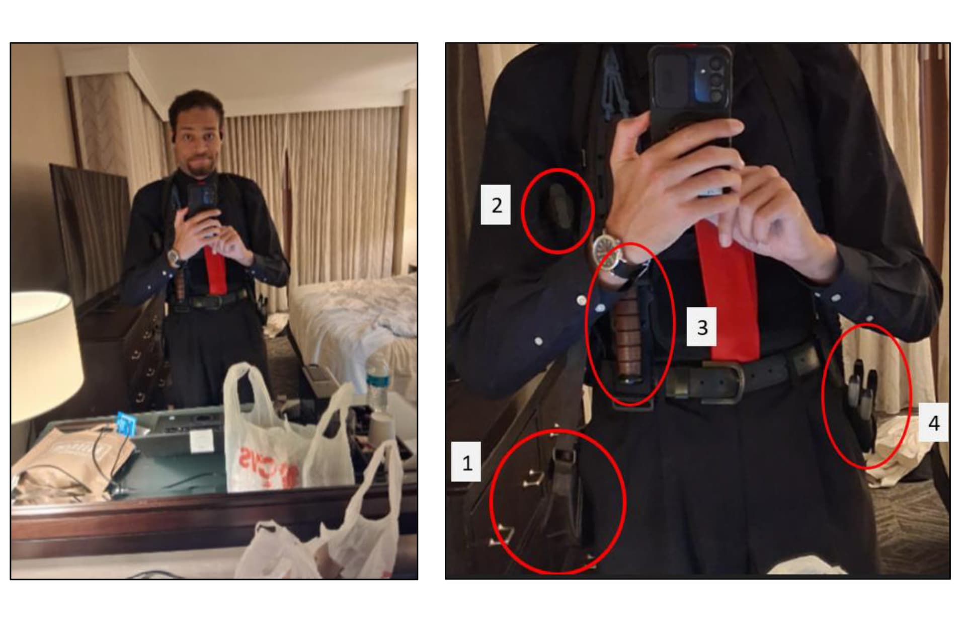 This image contained in a court filing by the Department of Justice, April 29, 2026, shows Cole Tomas Allen, left,  inside his hotel room, on Saturday, April 25, 2026 in Washington, using his cellphone to take a photograph of himself in the mirror. An enhanced version of the image is right. 