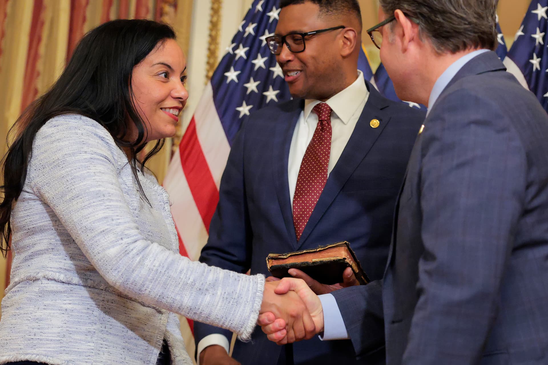Congresswoman Analilia Mejia, seen here at her swearing-in at the Capitol on April 20, 2026, is co-sponsoring a bill to boost the federal minimum wage to $15 an hour.