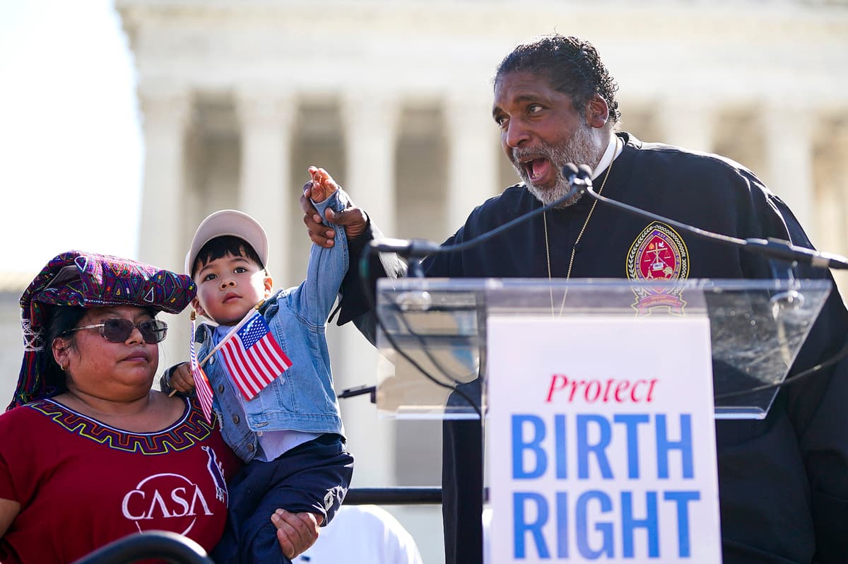 The Reverend William Barber II speaks in support of birthright citizenship outside the Supreme Court on April 1, 2026.