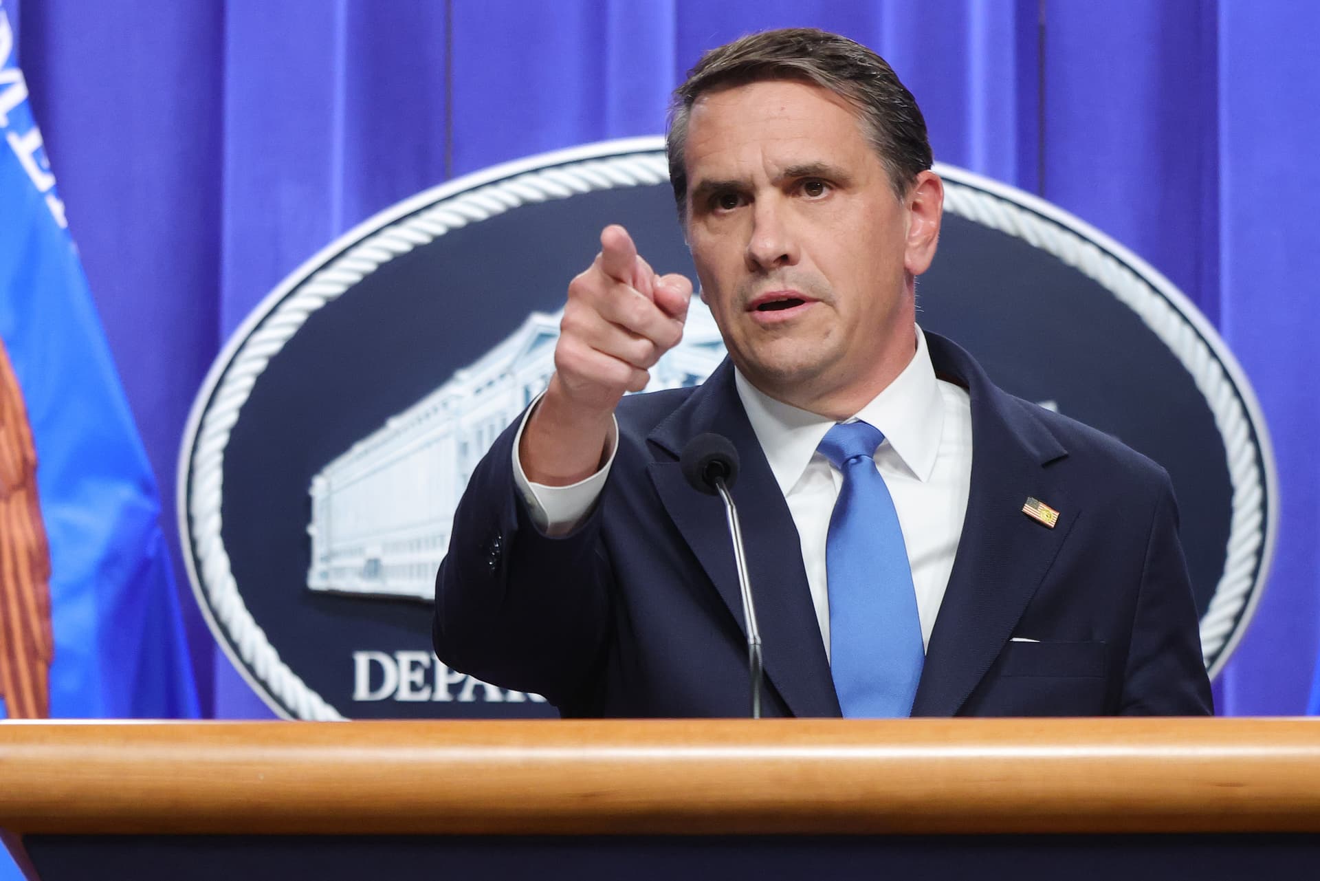 The acting attorney general, Todd Blanche, conducts a news conference at the Department of Justice on April 21, 2026.