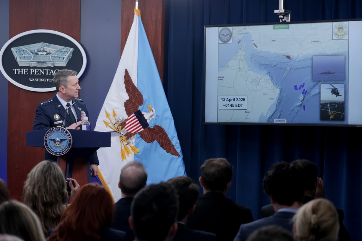 The chairman of the Joint Chiefs of Staff, General Dan Caine, displays a map showing the Navy's blockade of the Strait of Hormuz during a press briefing at the Pentagon on April 16, 2026.