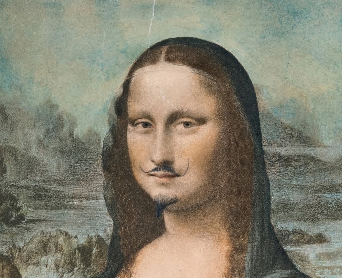  'L.H.O.O.Q' by Marcel Duchamp. Pencil on reproduction of Leonardo da Vinci’s 'Mona Lisa.' Detail.