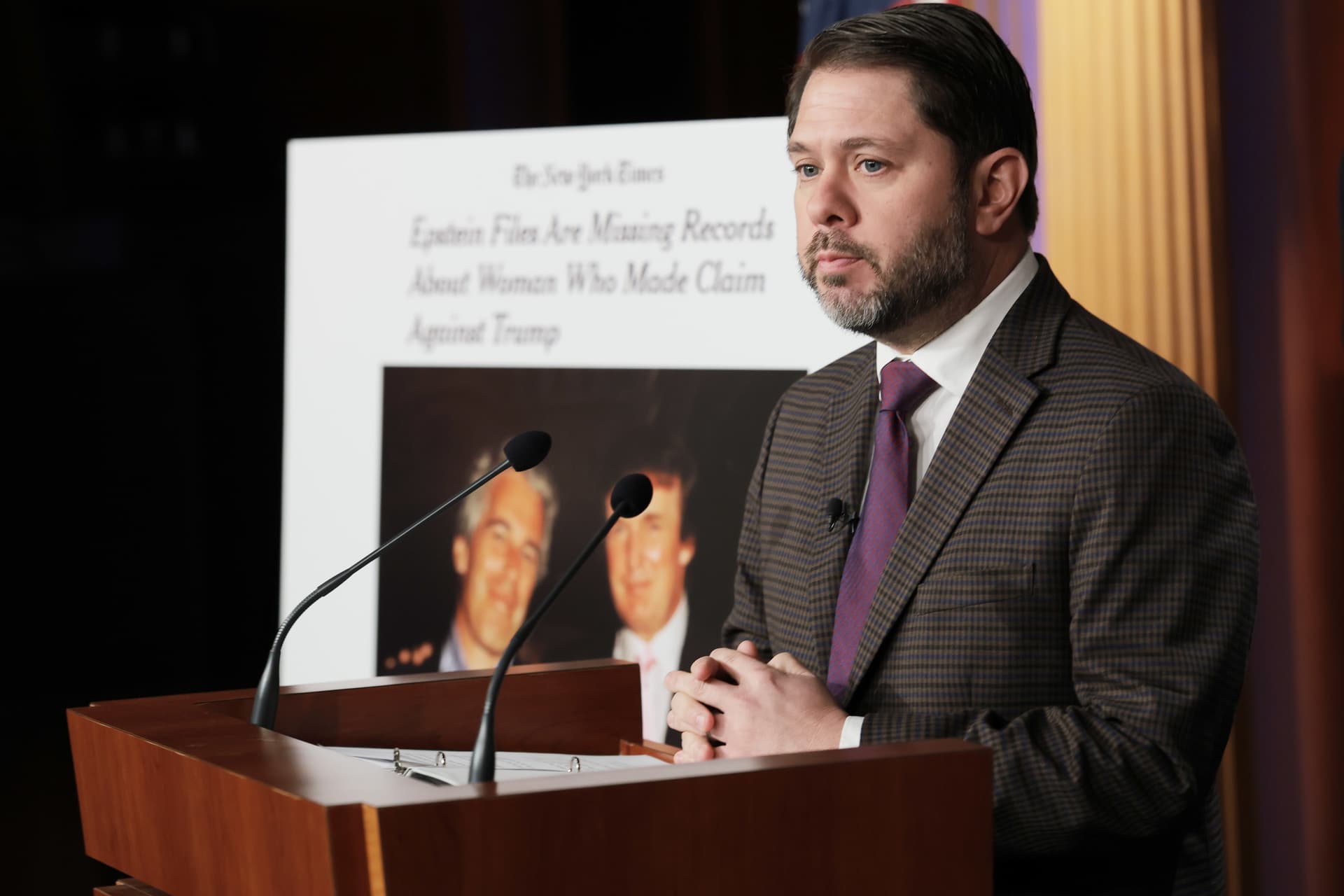 Senator Ruben Gallego speaks during a news conference on the Epstein Files on Capitol Hill on February 26, 2026.