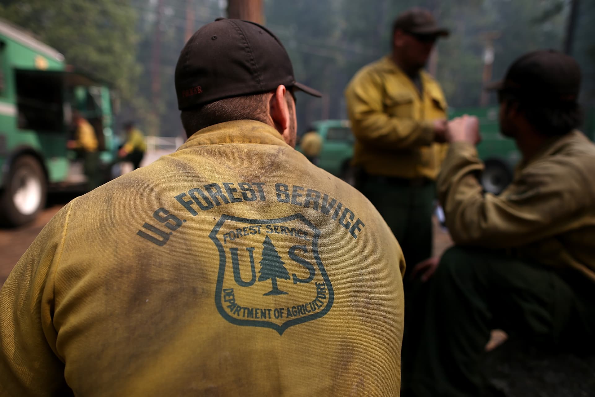 Forest Service firefighters take a break from battling the Rim Fire near Groveland, California, on August 25, 2013.