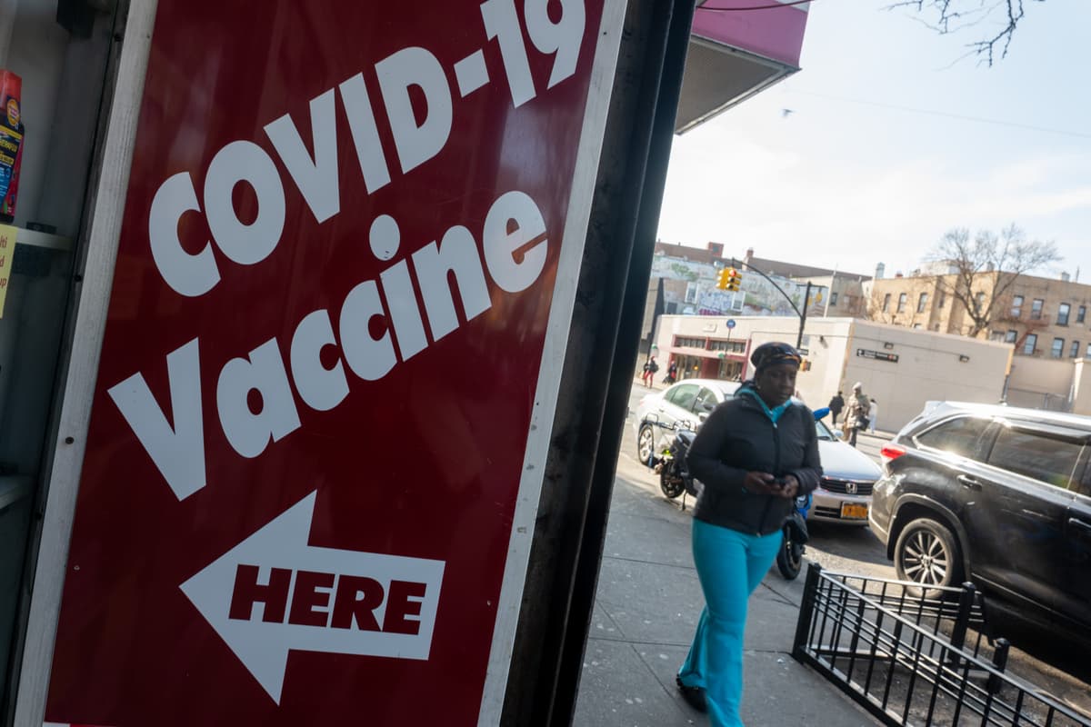 A pharmacy advertises the COVID-19 vaccine at New York City on March 13, 2025.