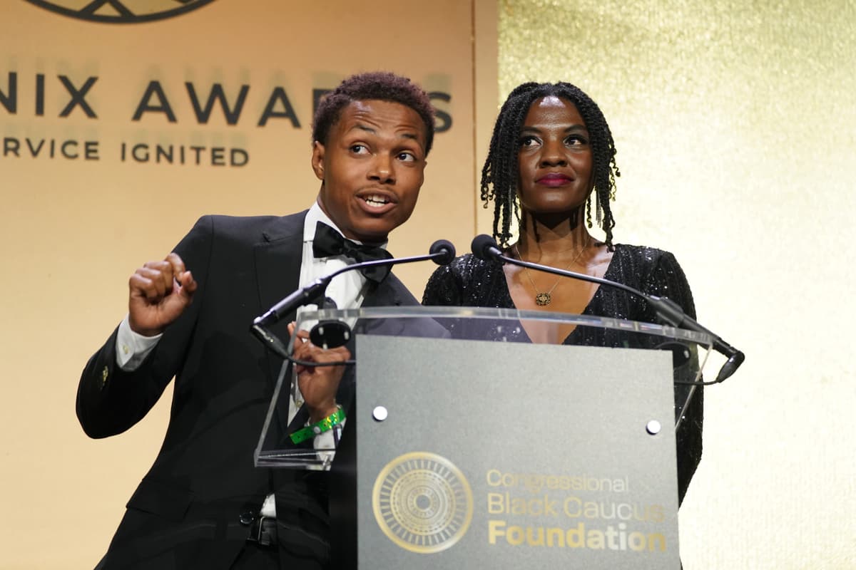 CBCF interns speak onstage during the Congressional Black Caucus Foundation annual Legislative Conference Phoenix Awards dinner at Walter E. Washington Convention Center on September 27, 2025 in Washington, DC.   