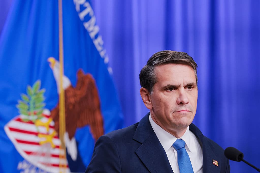 Todd Blanche, now acting  attorney general, speaks at a news conference at the Department of Justice on January 30, 2026 at Washington, DC. 