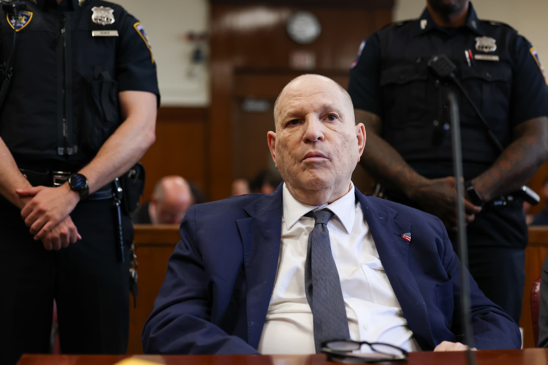 Former Hollywood film producer Harvey Weinstein appears in Manhattan Supreme Court during his retrial on April 14, 2026.