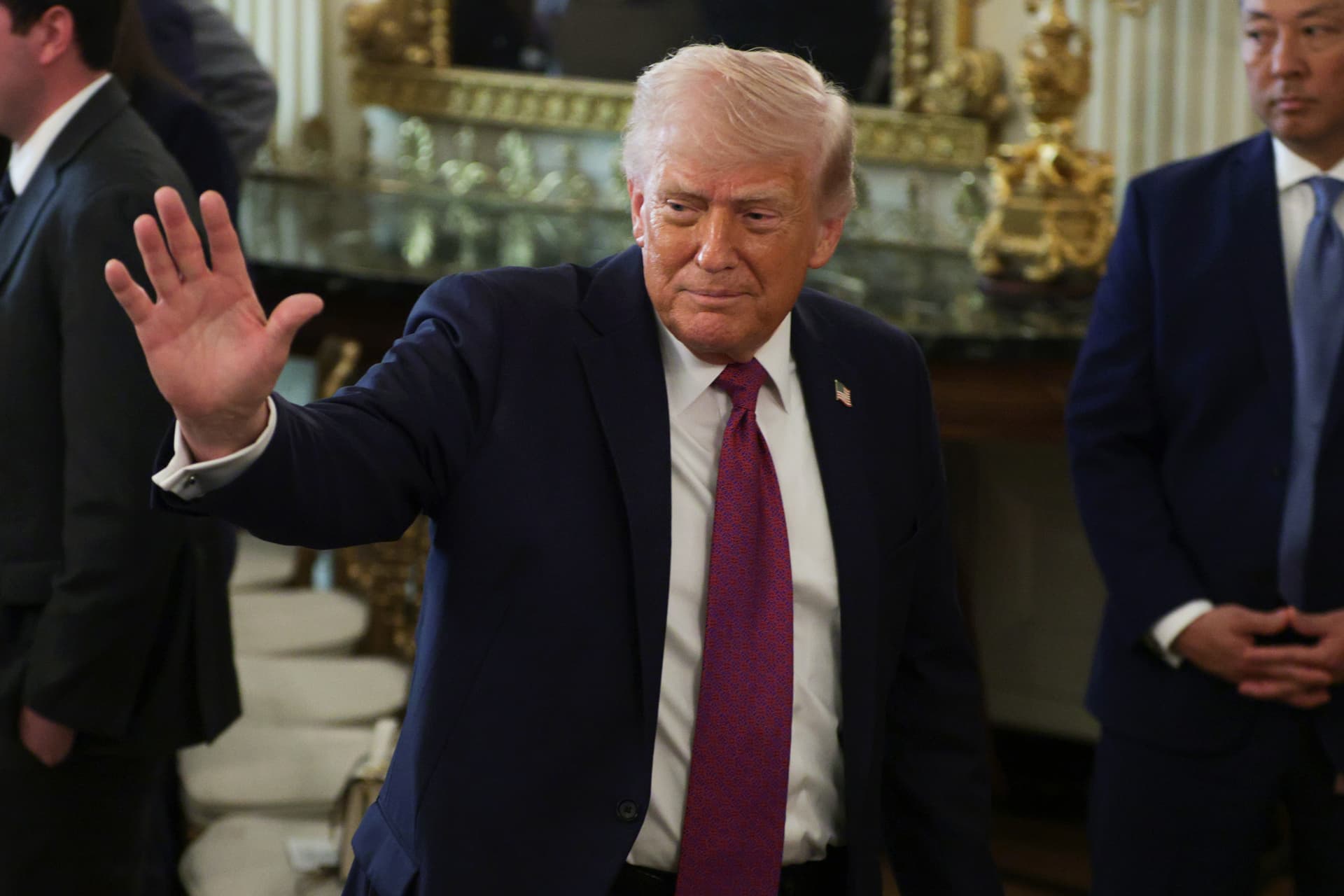 President Donald Trump departs after making remarks at the White House on April 21, 2026 at Washington, DC. 