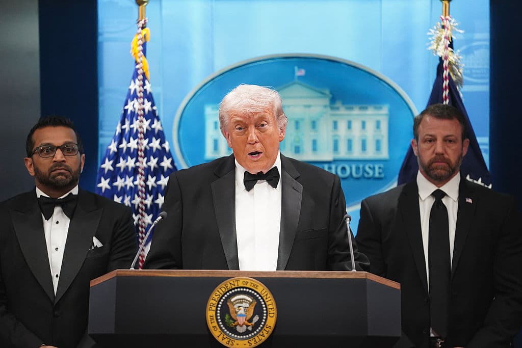 President Trump speaks during a press conference at the Brady Briefing Room of the White House on April 25, 2026.