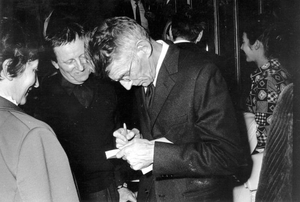 Irish author and dramatist Samuel Beckett  attending a first night performance. 1970.
