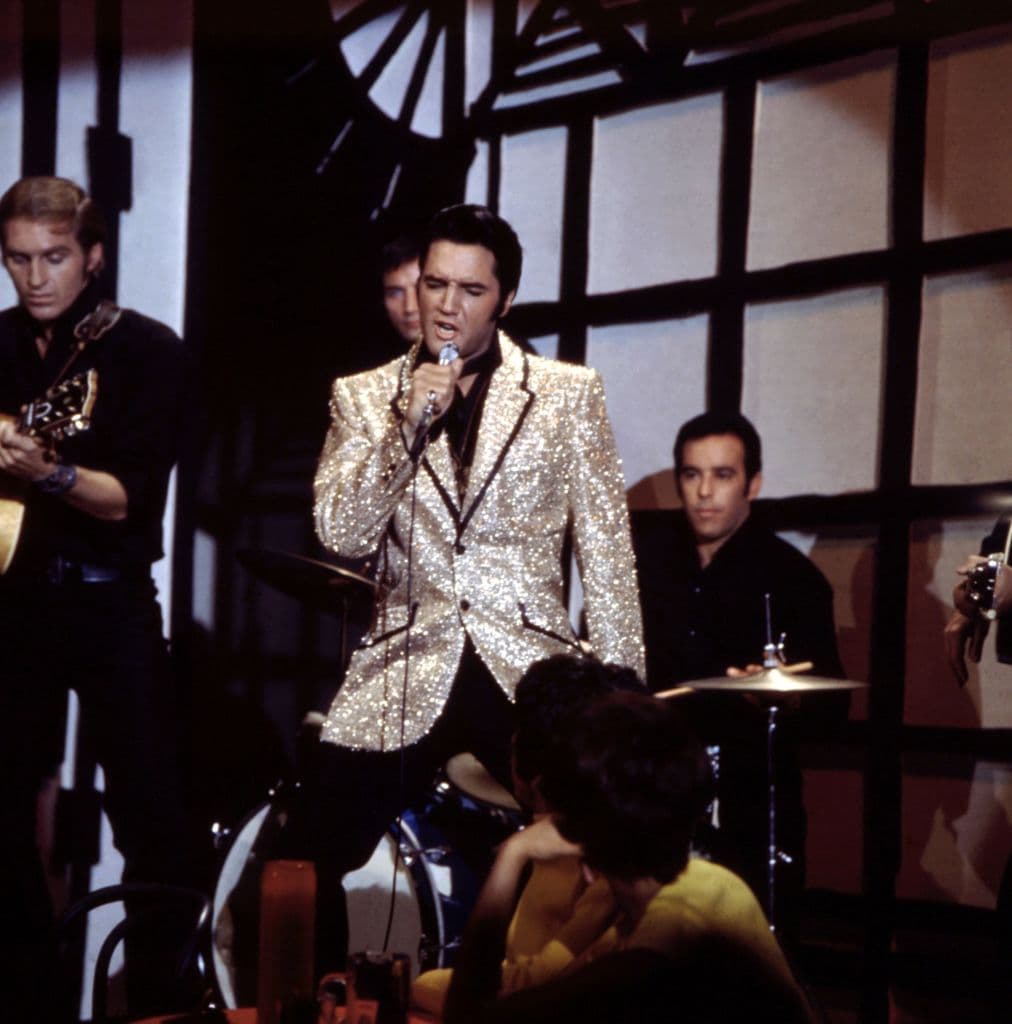 Elvis Presley performing on his comeback TV special in June 1968 in California.